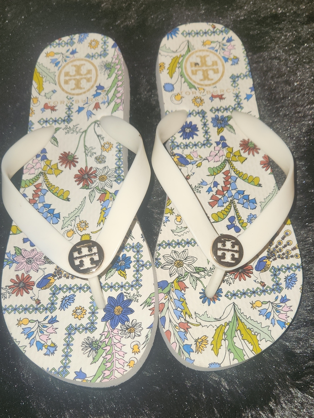 Tory Burch White Floral Logo Flip Flops with Multicolor Print
